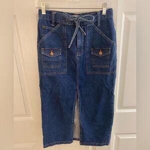 Madewell Denim Timeline Midi Skirt Split Front Hem Bow Tie Waist Size 27